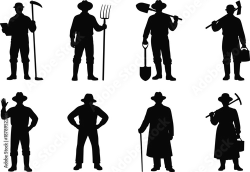 Silhouettes of farmers and laborers holding tools like shovels, forks, and hoes, vector set isolated on white.
