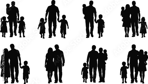 Silhouettes of families walking together in various poses, symbolizing parent-child bonding, unity, love, and strong family relationships in everyday life