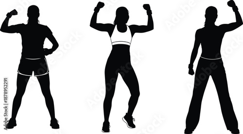Silhouettes of fit women in activewear performing various workout and fitness poses, isolated vector illustration set.