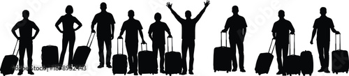 Silhouettes of nine travelers with suitcases, one celebrating, symbolizing journey, excitement, movement, and group travel unity.