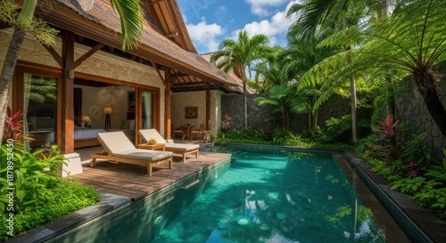 Wallpaper Mural Luxurious private villa features a sparkling swimming pool surrounded by lush tropical foliage under a bright sky Torontodigital.ca