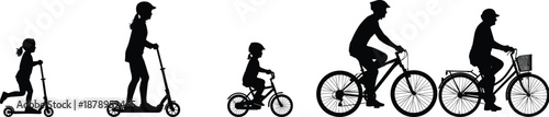 Silhouettes of people on wheeled transport from childhood to senior age, symbolizing mobility, growth, and life progression.