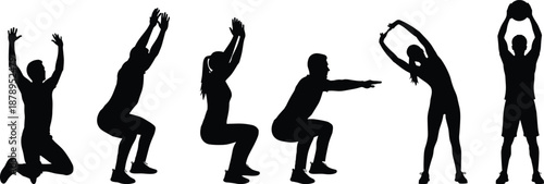 Silhouettes of people performing squats, stretches, and lifts—bodyweight exercise vector art for fitness, warm-up, and training themes