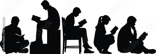 Silhouettes of people reading books in various seated and relaxed poses, illustrating peaceful learning, study habits, focus, and quiet educational moments