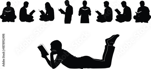 Silhouettes of people reading books in various relaxed poses, sitting, standing, and lying down for education and leisure themes