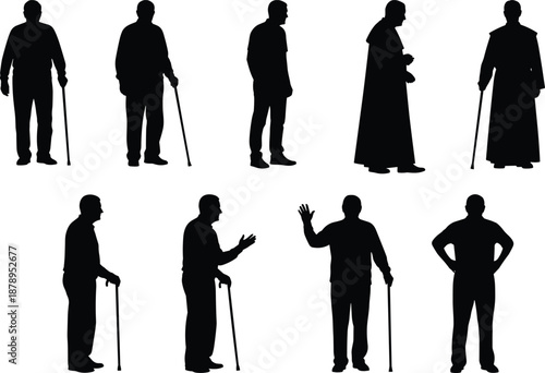 Silhouettes of senior men standing with canes, including casual and religious figures, isolated vector set for old age design.
