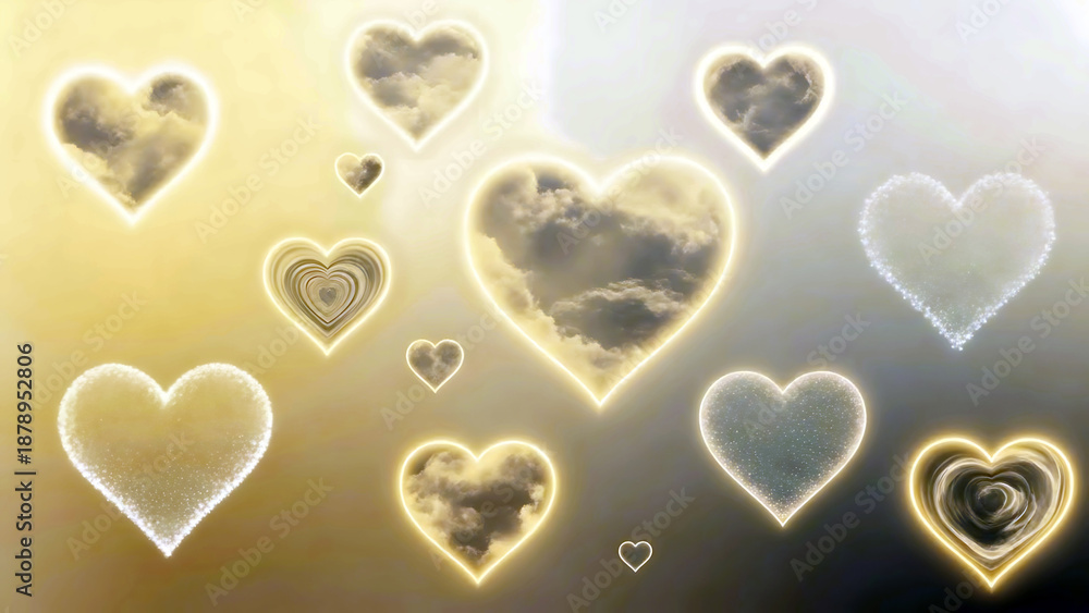 Fototapeta premium Heartshaped clouds with soft glow on a gradient background depicting love and affection in a dreamy atmosphere