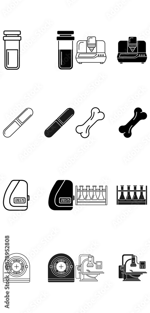 Fototapeta premium Set of veterinary icons for pet care and medical equipment including bottles bandages bones and scanners in minimalist black and white vector style isolated on a clean background for professional use