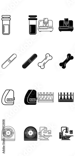 Set of veterinary icons for pet care and medical equipment including bottles bandages bones and scanners in minimalist black and white vector style isolated on a clean background for professional use
