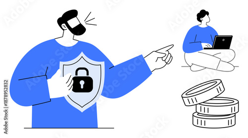 Cybersecurity, financial safety, digital protection, remote work, cryptocurrency, technology. ion of shield with lock and worker on laptop near stacks of coins. Cybersecurity and financial safety