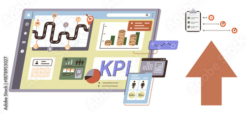 Data tracking, business analysis, performance measurement, growth strategy, workflow optimization, financial trends. Digital dashboard with KPI metrics, graphs and progress indicators. Business