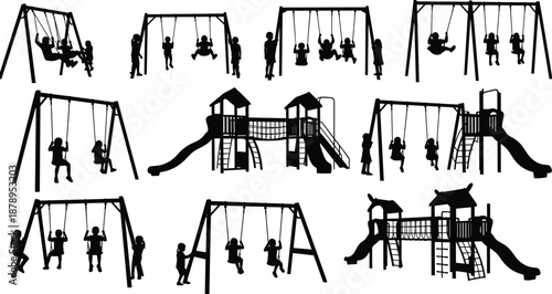 Black silhouette collection of children playing on playground swings and slides for family recreation, park activities, and schoolyard equipment design.