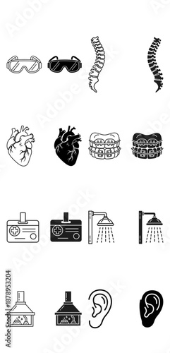 Vector illustration of human anatomy and healthcare symbols including goggles spine heart teeth shower and ear with icons in minimalist style