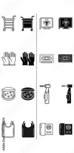 Medical and protective equipment icons featuring hospital trolleys medical screens gloves masks tools and aprons in minimalist style