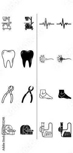Collection of vector icons depicting medical and dental equipment tools and symbols in minimalist black and white style for healthcare and dentistry