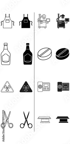 Black and white illustration of tools including aprons bottles hamburgers scissors and machinery for industrial and culinary use