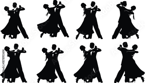 Black silhouette collection of ballroom dancing couples in elegant formal attire performing various graceful dance poses for romantic event design.