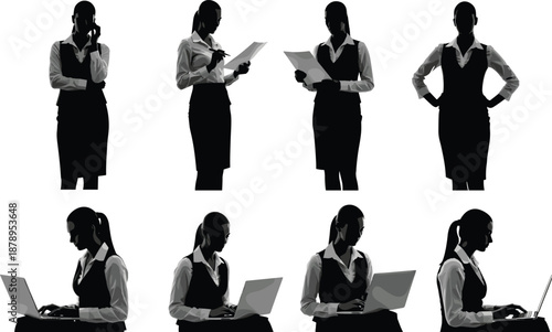 Silhouette collection of professional business women in office poses using laptops, reviewing documents, and talking on phones for corporate design.