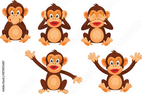 Cute monkey cartoon character set featuring three wise monkeys poses see no evil hear no evil speak no evil illustrations.