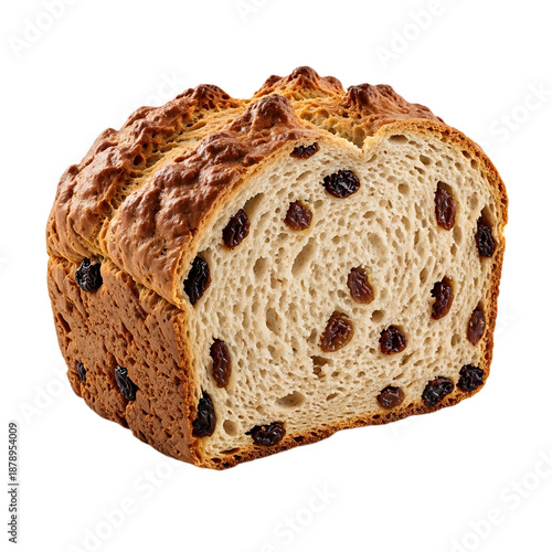 Slice of Irish soda bread with raisins on white background