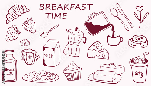 breakfast, coffee, hand drawn, vector, doodle, food, cafe, croissant, line art, illustration,
bakery, brunch, pastry, dessert, milk, almond milk, cheese, butter, cookies, cupcake,
moka pot, espresso, 