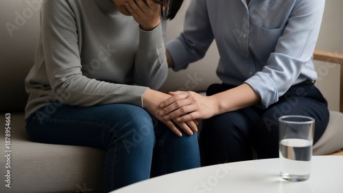 Empathetic friend comforting a sad woman during a difficult moment, offering emotional support and understanding during her sorrow