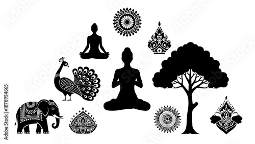 Buddhist meditation symbols and silhouettes.