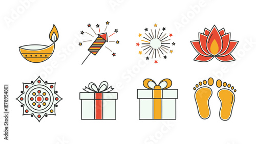 Diwali celebration elements with traditional Indian symbols and gifts.