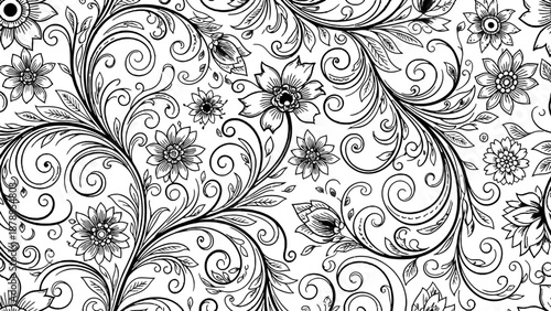 Intricate black and white floral pattern with swirling leaves and flowers.