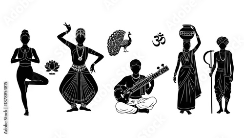 Yoga and Indian Cultural Elements in Black Silhouette.