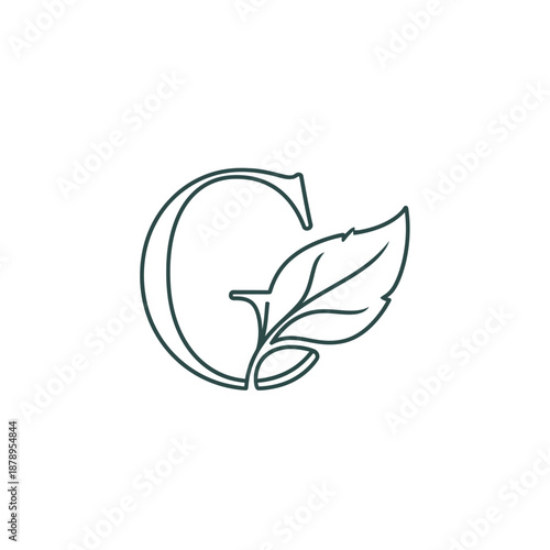 Elegant letter G with a delicate leaf design in a minimalist line art style.