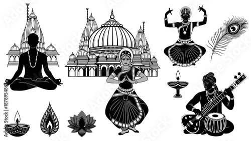 Indian cultural elements including meditation, dance, and music.