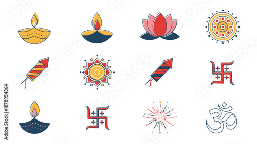 Diwali Deepavali Hindu festival icons set.