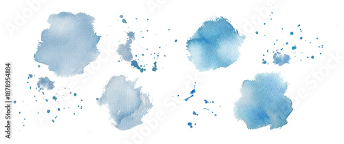 Obraz na płótnie Watercolor blue ink splashes and drops set on nuance background, abstract ink ar