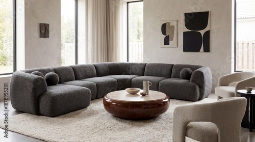 Stylish Modern Living Room Featuring Curved Textured Sofa and Round Wood Coffee Table