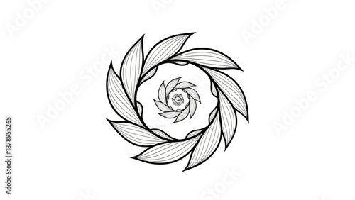 Black and white laurel wreath with spiral center.