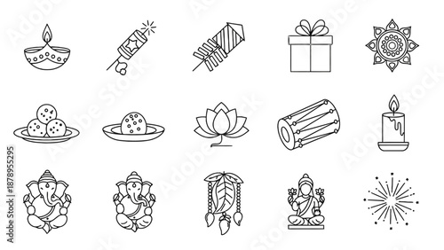Diwali celebration elements line icons set.