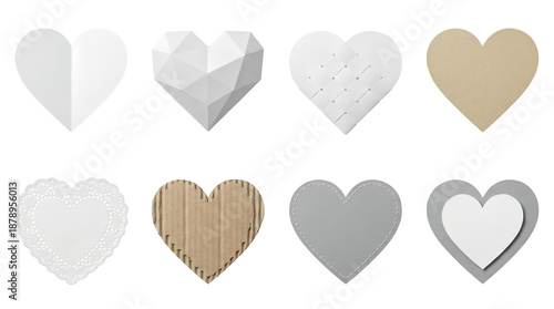 Paper heart set including cardboard, doily, geometric, woven, and stitched styles isolated. Valentine and craft ornament collection.