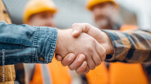 Two construction workers shake hands on a deal, symbolizing teamwork and a successful agreement.