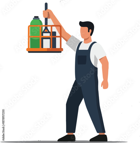 Illustration of a man wearing overalls holding up a tray with cleaning supplies against a plain white background.