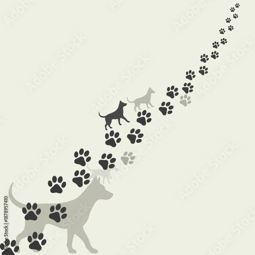 Illustration of dog silhouettes following a trail of paw prints on a beige background.