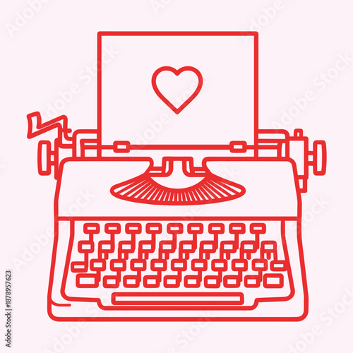 Vintage Typewriter with Heart on Paper Line Art Illustration Cute Romantic Writing Love Symbol Minimal Outline Vector Design