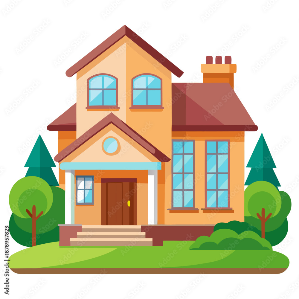 Naklejka premium Cozy Two Story Family House with Garden Vector Illustration