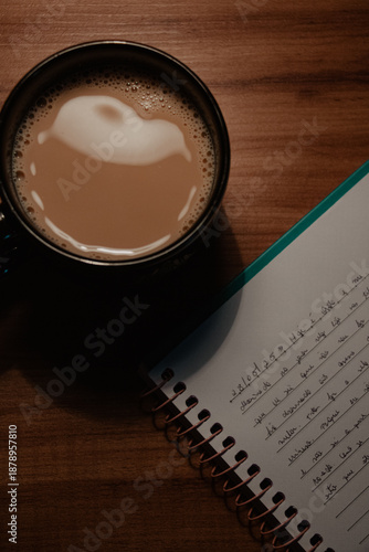 Coffee Cup and Notebook on Wooden Table