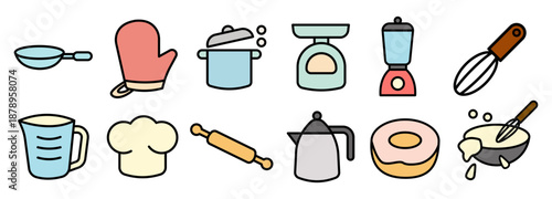 Kitchen Utensils and Cooking Tools Icon Set for Baking and Food Preparation