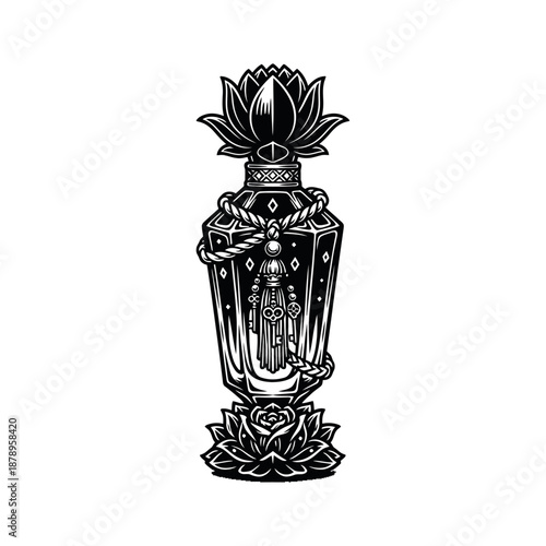 Luxury perfume bottle black and white vector silhouette illustration