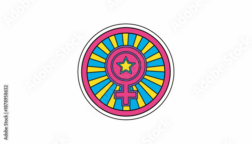 Circular emblem featuring a pink Venus symbol with a yellow star inside, set against a background of radiating blue and yellow lines.