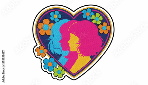 A vibrant heart-shaped graphic featuring three stylized female profiles in profile, surrounded by colorful retro flowers.