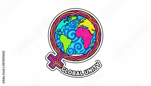 A colorful illustration of planet Earth with a female symbol and the words Global Unity.