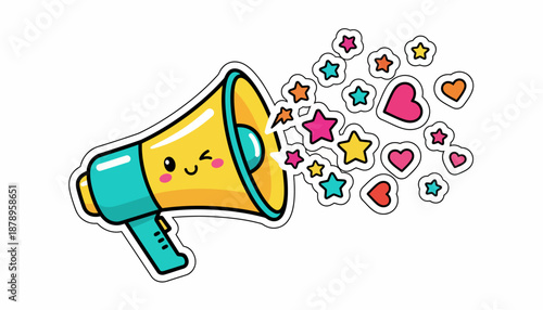A cute kawaii-style yellow and teal megaphone with a smiling face, emitting colorful stars and hearts.